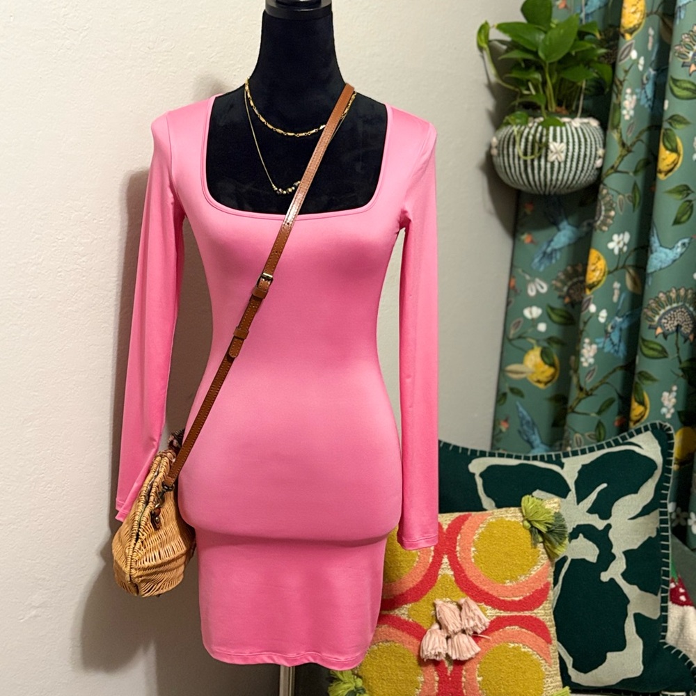GB Long Sleeve Spandex Bodycon Mini Dress- Hot Pink